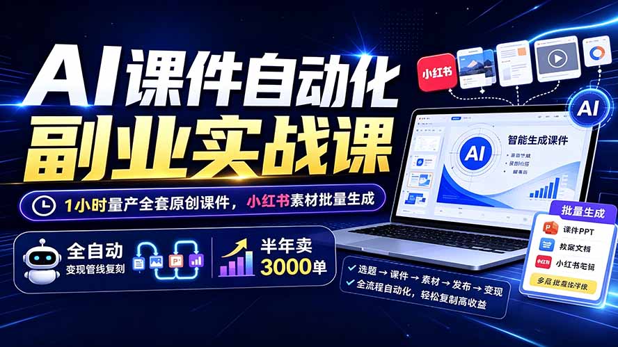 AI课件自动化副业实战课：1小时量产全套原创课件×小红书素材批量生成×全自动变现管线×半年卖3000单-heixxmi