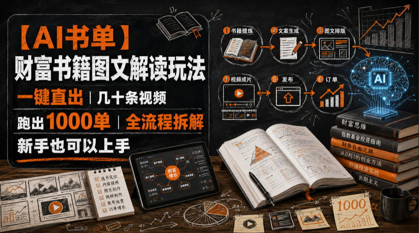 【AI书单】财富书籍图文解读玩法，一键直出，几十条视频，跑出1000单，全流程拆解，新手也可以上手-heixxmi