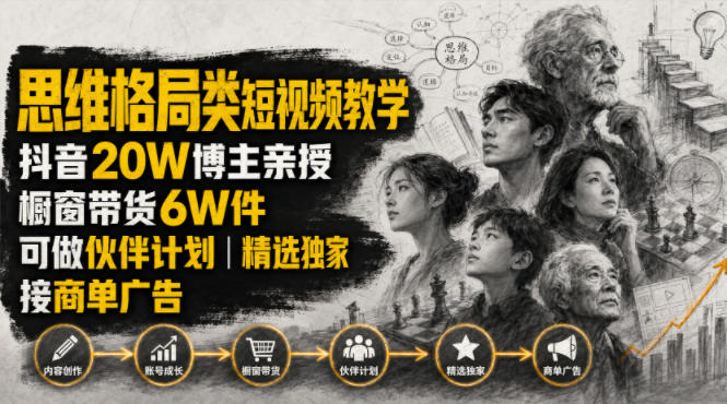 人性思维格局类短视频教学，抖音20W博主亲授，橱窗带货6W件，可做伙伴计划、精选独家、接商单广告-heixxmi