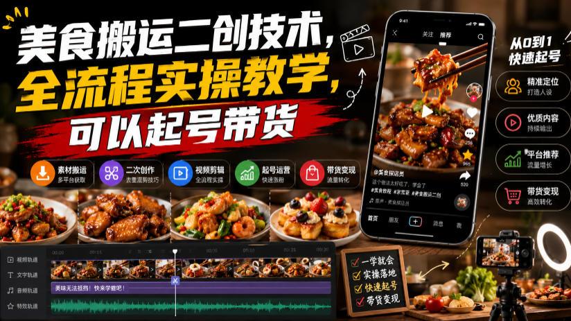 美食搬运二创技术，全流程实操教学，可以起号带货-heixxmi