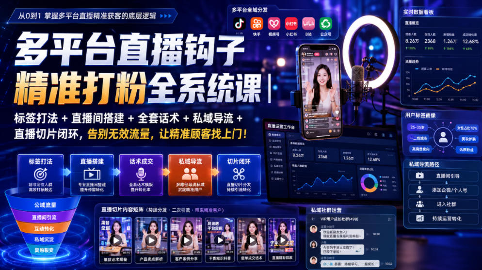 多平台直播钩子精准打粉全系统课｜标签打法+直播间搭建+全套话术+私域导流+直播切片闭环，告别无效流量，让精准顾客找上门！-heixxmi