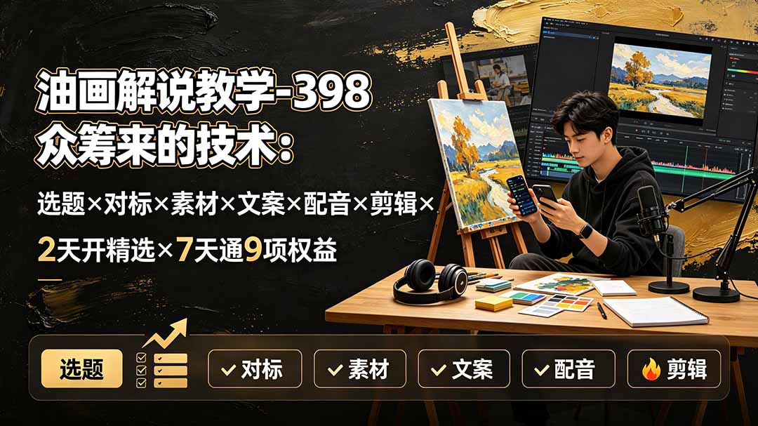 油画解说教学-398众筹来的技术：选题×对标×素材×文案×配音×剪辑×2天开精选×7天通9项权益-heixxmi