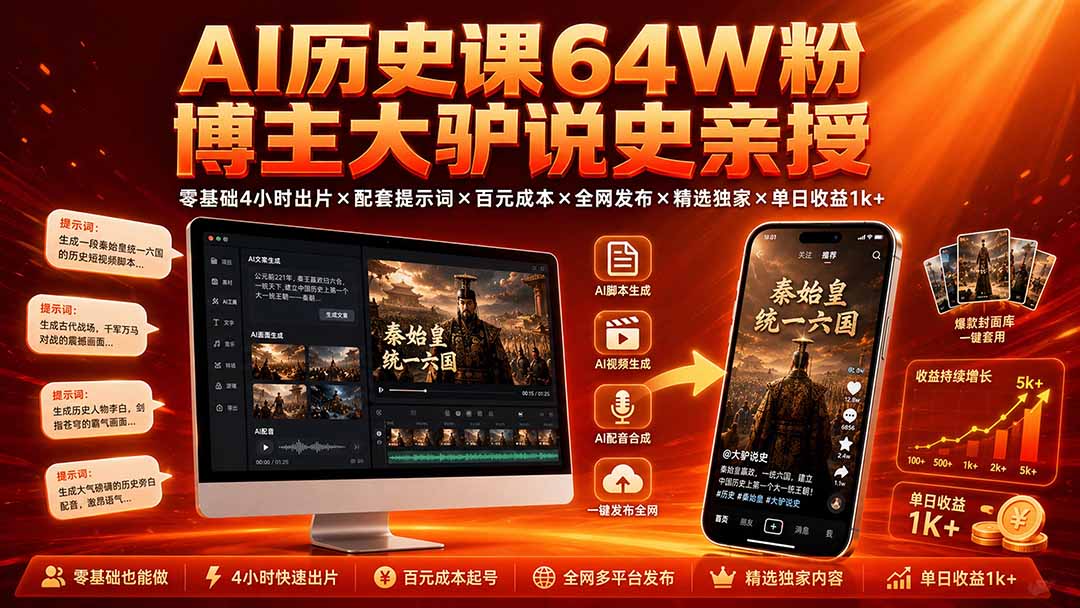 AI历史课64W粉博主大驴说史亲授：零基础4小时出片×配套提示词×百元成本×全网发布×精选独家×单日收益1k+-heixxmi