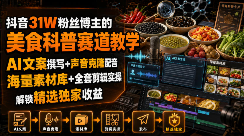 抖音31W粉丝博主的美食科普赛道教学，AI文案撰写+声音克隆配音+剪辑实操，解锁精选独家收益-heixxmi