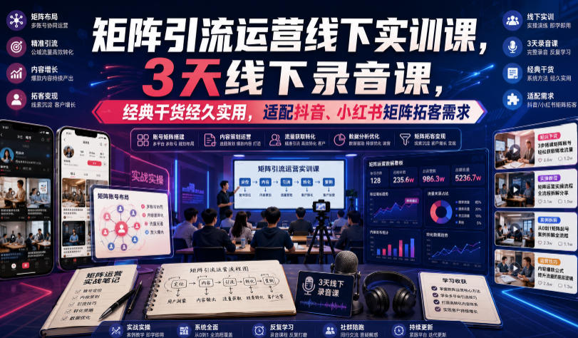 嗨推矩阵引流运营线下实训课，3天线下录音课，经典干货经久实用，适配抖音、小红书矩阵拓客需求-heixxmi