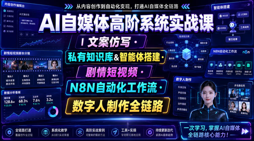 AI自媒体高阶系统实战课｜文案仿写・私有知识库&智能体搭建・剧情短视频・N8N自动化工作流・数字人制作全链路-heixxmi