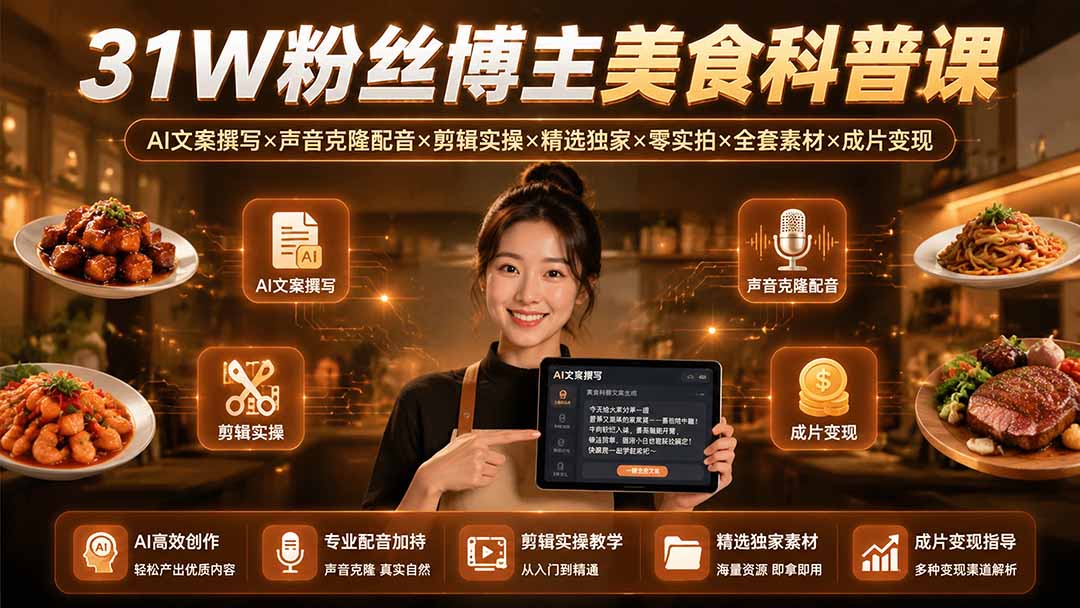 31W粉丝博主美食科普课：AI文案撰写×声音克隆配音×剪辑实操×精选独家×零实拍×全套素材×成片变现-heixxmi