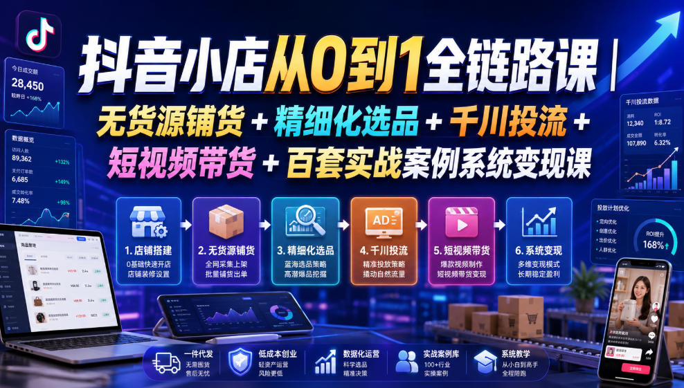 抖音小店从0到1全链路课｜无货源铺货+精细化选品+千川投流+短视频带货+百套实战案例系统变现课(2026年7月更新)-heixxmi