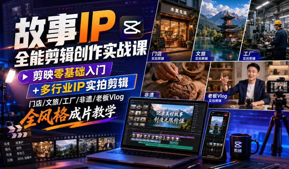 故事IP全能剪辑创作实战课｜剪映零基础入门+多行业IP实拍剪辑，门店/文旅/工厂/非遗/老板Vlog全风格成片教学-heixxmi