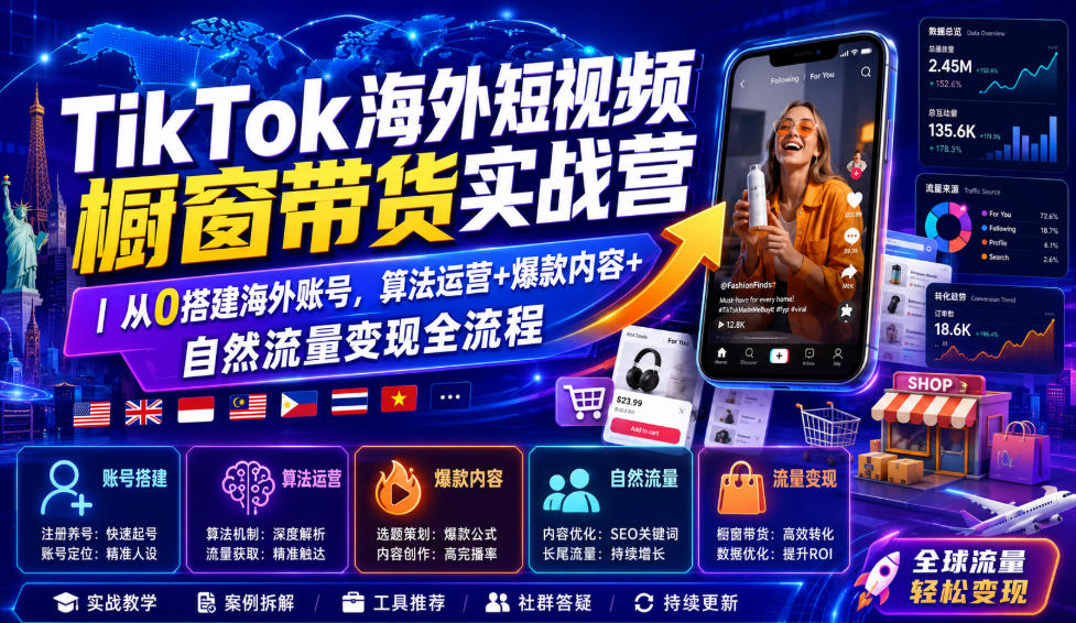 TikTok海外短视频橱窗带货实战营｜从0搭建海外账号，算法运营+爆款内容+自然流量变现全流程-heixxmi