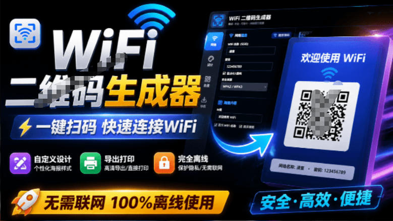 完全离线使用！WiFi二维码生成器，一键扫码快速连接WiFi，支持自定义风格导出WiFi二维码生成器-heixxmi