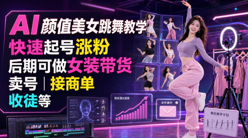 AI颜值美女跳舞教学，快速起号涨粉，后期可做女装带货，卖号，接商单，收徒等-heixxmi