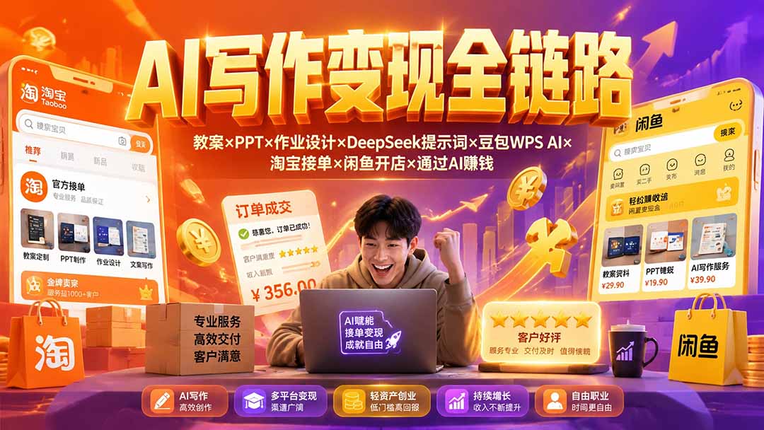 2026AI写作变现全链路：教案×PPT×作业设计×DeepSeek提示词×豆包WPS AI×淘宝接单×闲鱼开店×通过AI賺钱-heixxmi