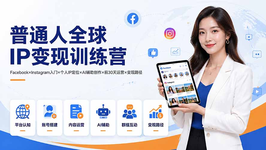 普通人全球IP变现训练营：Facebook×Instagram入门×个人IP定位×AI辅助创作×前30天运营×变现路径-heixxmi