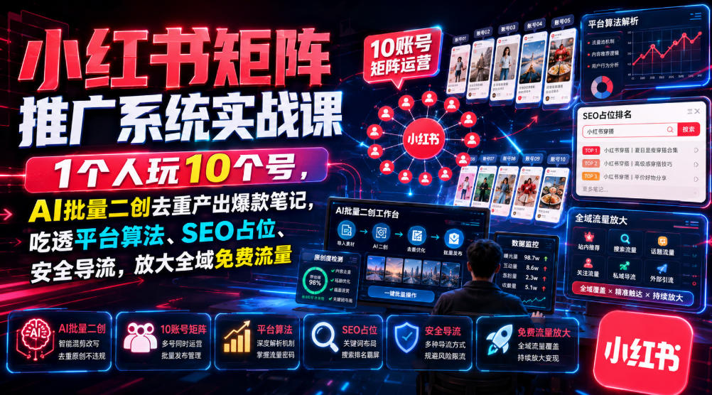 小红书矩阵推广系统实战课｜1个人玩10个号，AI批量二创去重产出爆款笔记，吃透平台算法、SEO占位、安全导流，放大全域免费流量-heixxmi