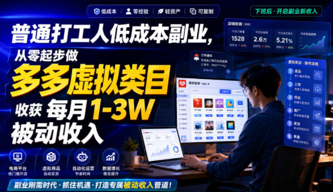 普通打工人低成本副业，从零起步做多多虚拟类目，收获每月1-3W被动收入【揭秘】-heixxmi