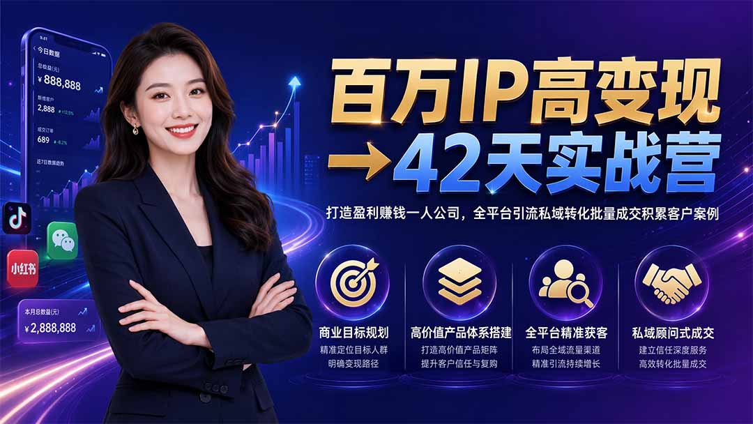 百万IP高变现→42天实战营｜打造盈利赚钱一人公司，全平台引流私域转化批量成交积累客户案例-heixxmi