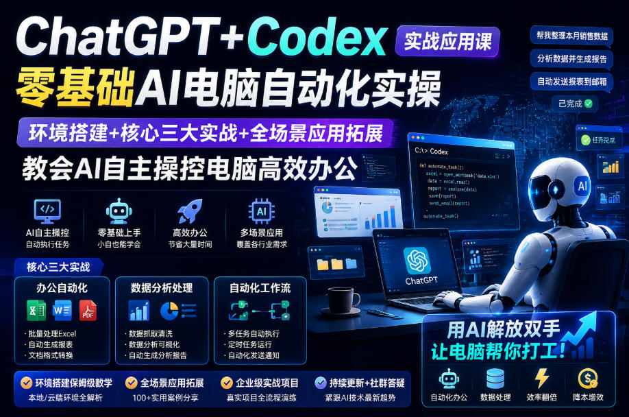 ChatGPT+Codex实战应用课｜零基础AI电脑自动化实操，环境搭建+核心三大实战+全场景应用拓展，教会AI自主操控电脑高效办公-heixxmi