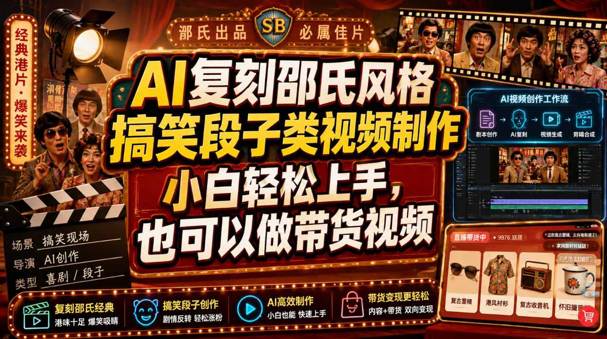AI复刻邵氏风格搞笑段子类视频制作，小白轻松上手，也可以做带货视频-heixxmi