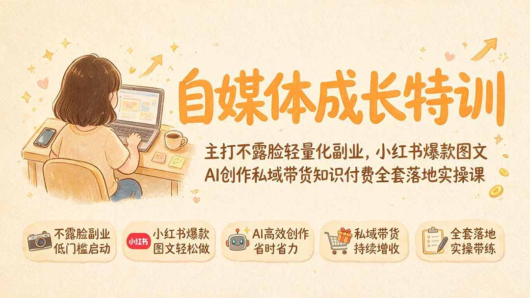 自媒体成长特训｜主打不露脸轻量化副业，小红书爆款图文AI创作私域带货知识付费全套落地实操课-heixxmi