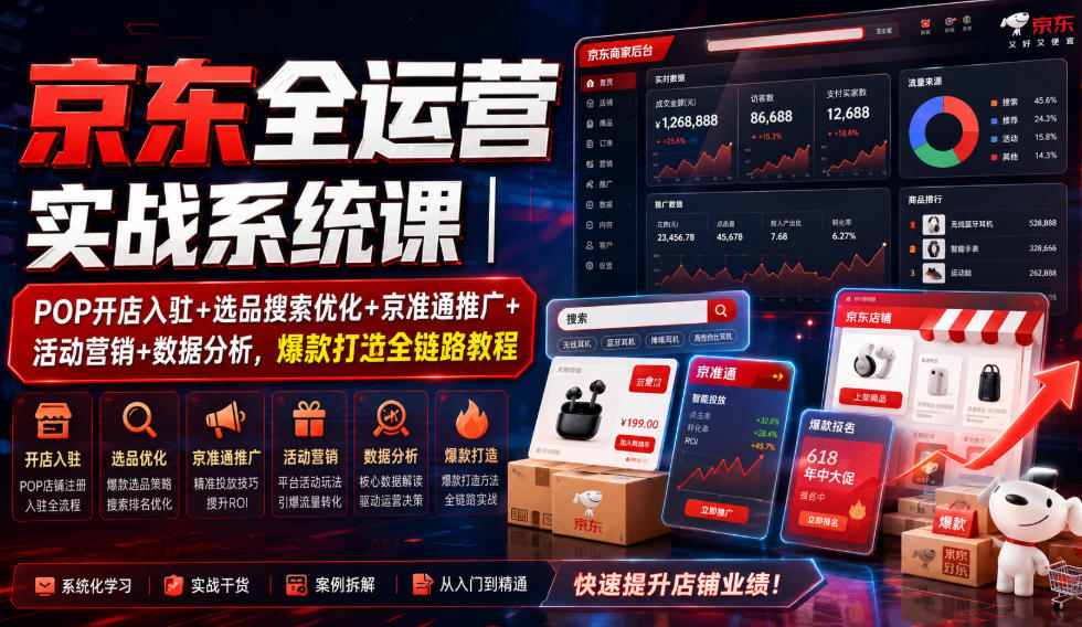 京东全运营实战系统课｜POP开店入驻+选品搜索优化+京准通推广+活动营销+数据分析，爆款打造全链路教程-heixxmi