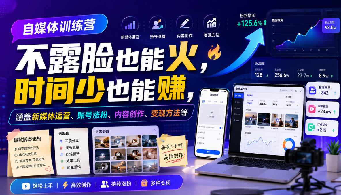 自媒体训练营，不露脸也能火，时间少也能賺，涵盖新媒体运营、账号涨粉、内容创作、变现方法等-heixxmi