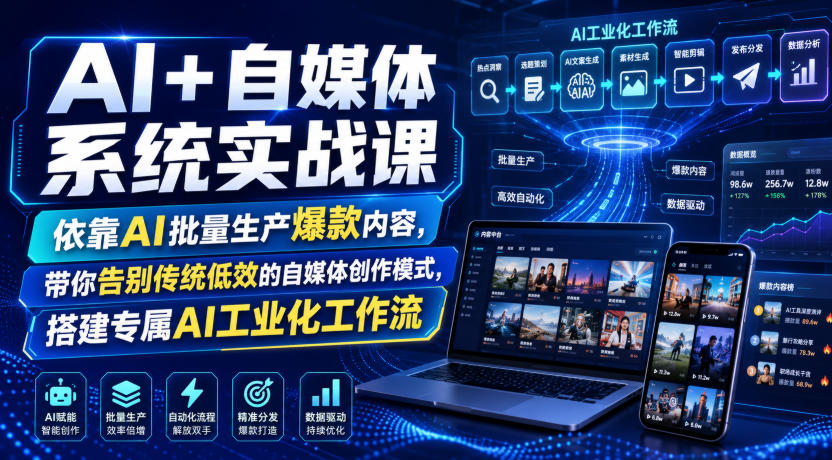 AI+自媒体系统实战课，依靠AI批量生产爆款内容，带你告别传统低效的自媒体创作模式，搭建专属AI工业化工作流-heixxmi