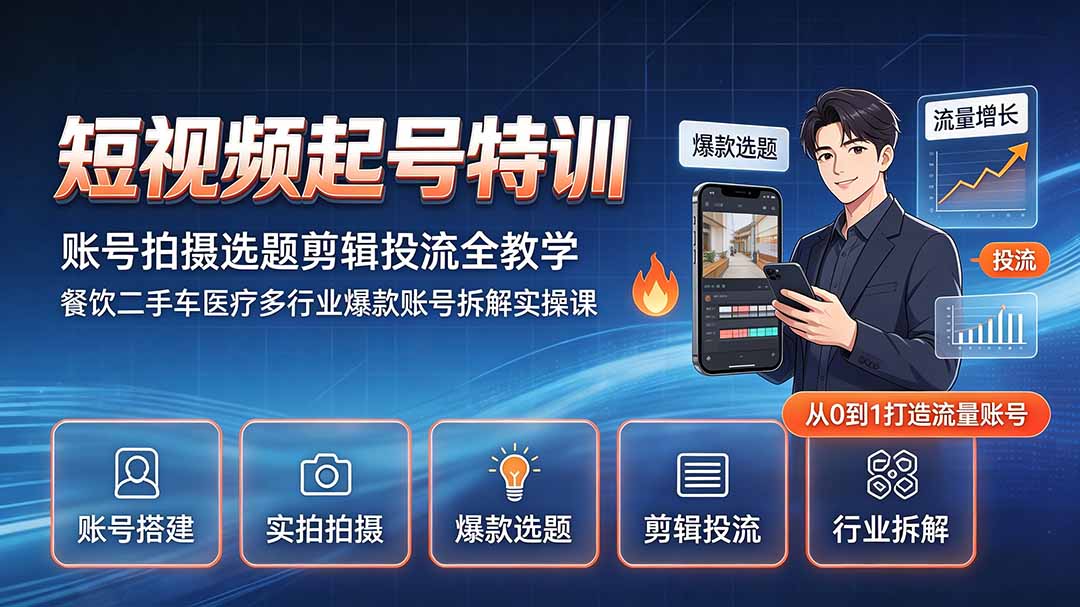 短视频起号特训｜账号拍摄选题剪辑投流全教学，餐饮二手车医疗多行业爆款账号拆解实操课-heixxmi