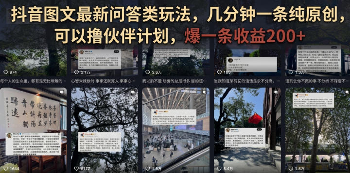 抖音图文最新问答类玩法，几分钟一条纯原创，可以撸伙伴计划，爆一条收益200+-heixxmi