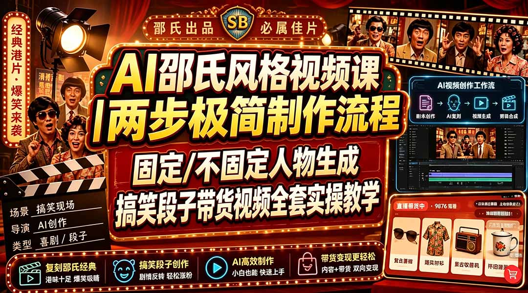 AI邵氏风格视频课｜两步极简制作流程，固定/不固定人物生成，搞笑段子带货视频全套实操教学-heixxmi