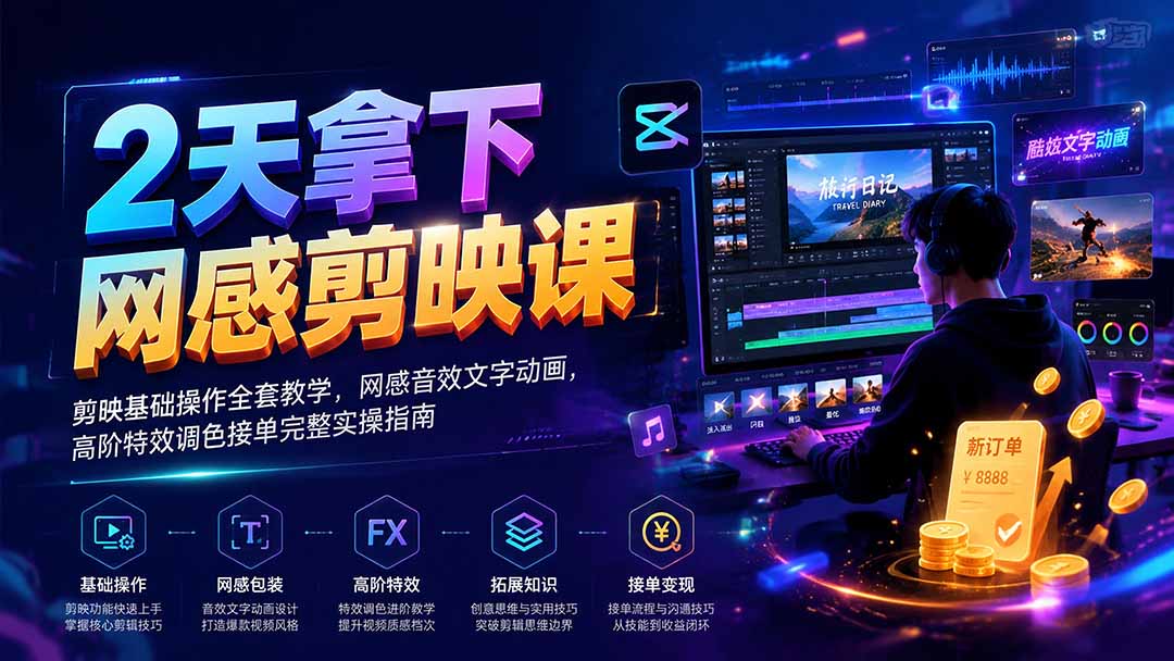 2天拿下网感剪辑课｜剪映基础操作全套教学，网感音效文字动画，高阶特效调色接单完整实操指南-heixxmi