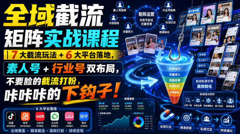 全域截流矩阵实战课程｜7大截流玩法+6大平台落地，素人号+行业号双布局，不要脸的截流打粉，咔咔咔的下钩子！-heixxmi