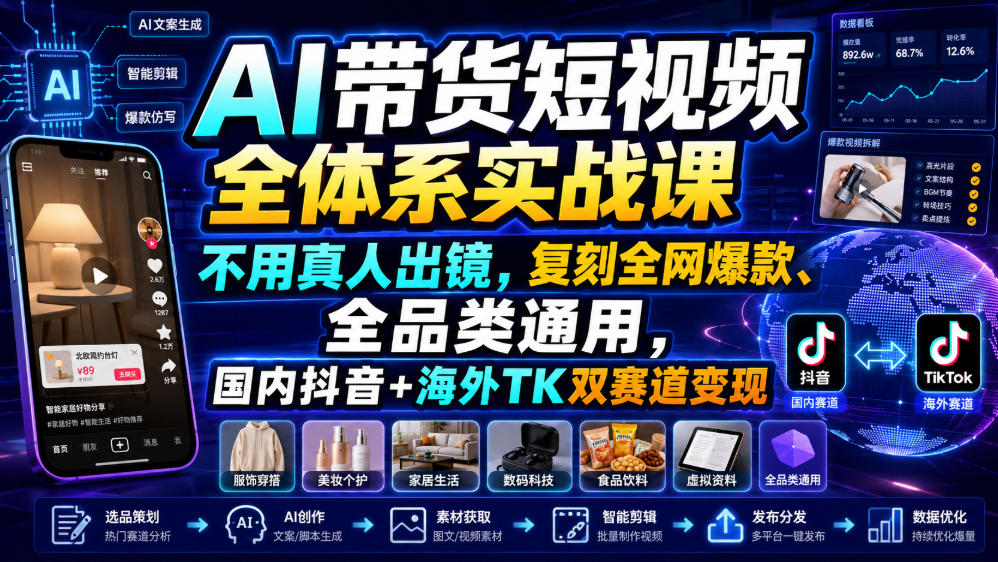 AI带货短视频全体系实战课，不用真人出镜，复刻全网爆款、全品类通用，国内抖音+海外TK双赛道变现-heixxmi