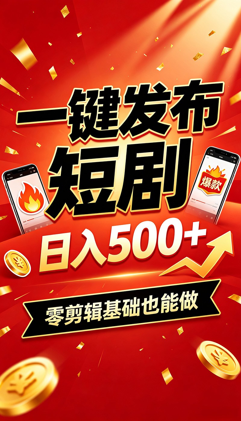 快手短剧一键发布，不用剪辑操作简单，副业日入500+。空闲时间轻松赚收益-heixxmi