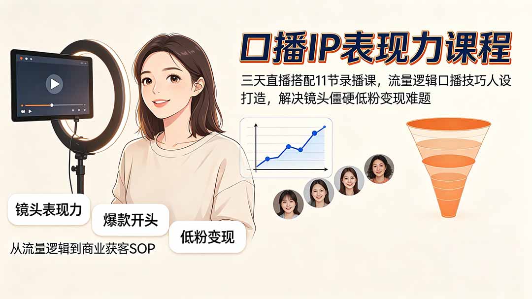 口播IP表现力课程｜三天直播搭配11节录播课，流量逻辑口播技巧人设打造，解决镜头僵硬低粉变现难题-heixxmi
