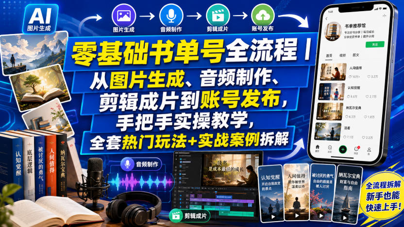零基础书单号全流程｜从图片生成、音频制作、剪辑成片到账号发布，手把手实操教学，全套热门玩法+实战案例拆解-heixxmi
