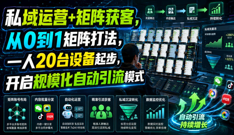 私域运营+矩阵获客，从0到1矩阵打法，一人20台设备起步，开启规模化自动引流模式！-heixxmi