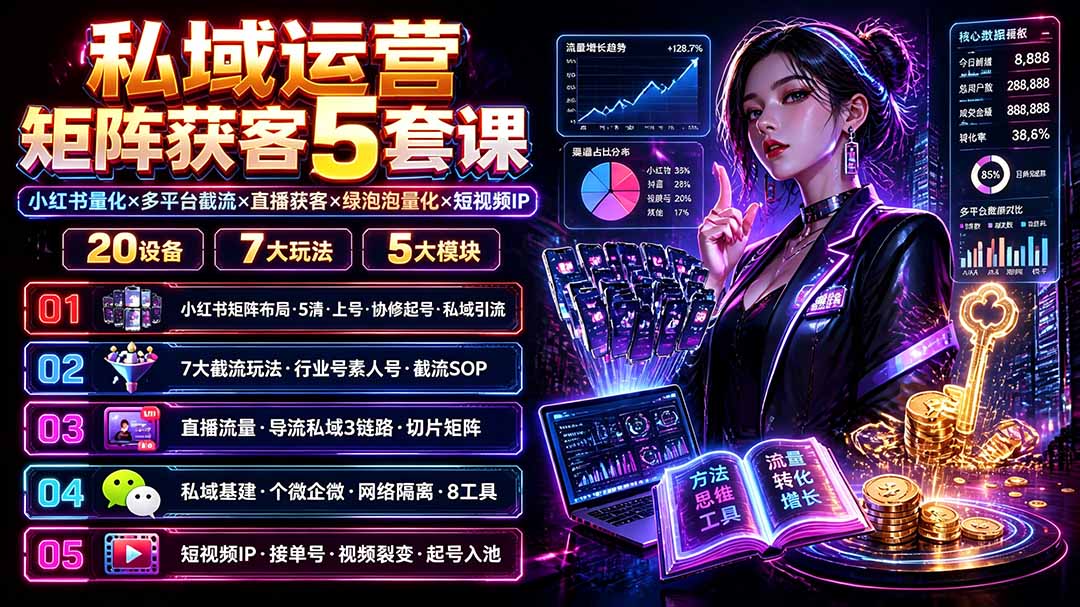 私域运营矩阵获客5套课：小红书量化×多平台截流×直播获客×绿泡泡量化×短视频IP×20设备×7大玩法-heixxmi