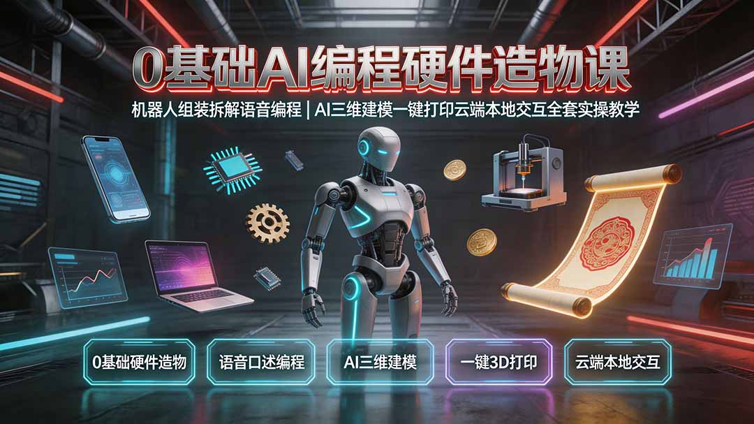 0基础AI编程硬件造物课｜机器人组装拆解语音编程，AI三维建模一键打印云端本地交互全套实操教学-heixxmi