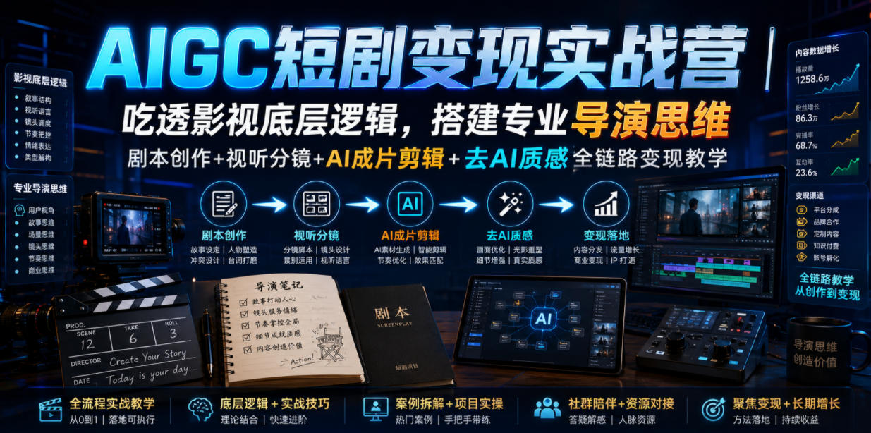 AIGC短剧变现实战营｜吃透影视底层逻辑，搭建专业导演思维，剧本创作+视听分镜+AI成片剪辑+去AI质感全链路变现教学-heixxmi