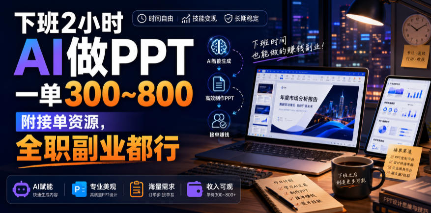下班2小时AI做PPT，一单300~800，附接单资源，全职副业都行【揭秘】-heixxmi