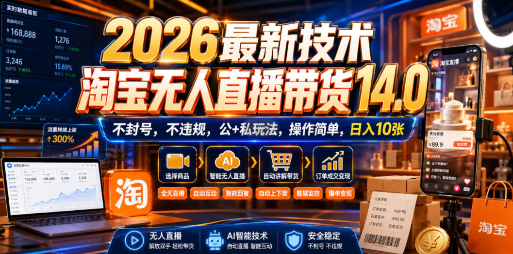 2026最新技术，淘宝无人直播带货14.0，不封号，不违规，公+私玩法，操作简单，日入10张【揭秘】-heixxmi