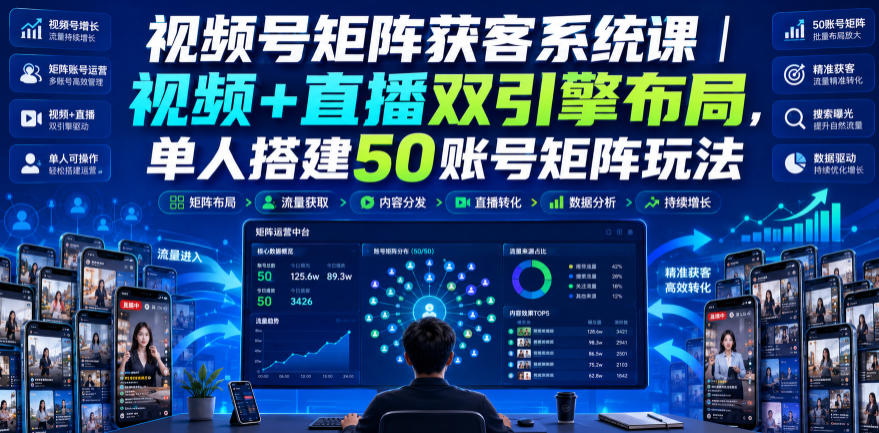 视频号矩阵获客系统课｜视频+直播双引擎布局，单人搭建50账号矩阵玩法，流量入池、搜索占位、全域引流沉淀私域全流程教学-heixxmi
