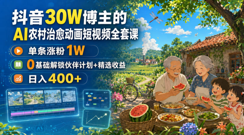 抖音30W博主的AI农村治愈动画短视频全套课|单条涨粉1W,0基础解锁伙伴计划+精选收益,日入400+