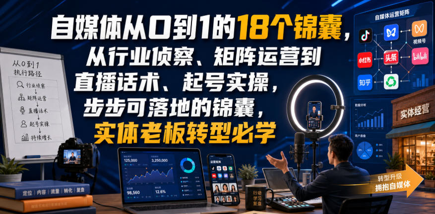 自媒体从0到1的18个锦囊，从行业侦察、矩阵运营到直播话术、起号实操，步步可落地的锦囊，实体老板转型必学-heixxmi