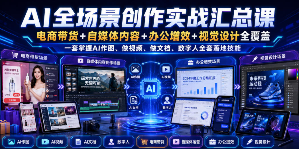 AI全场景创作实战汇总课｜电商带货+自媒体内容+办公增效+视觉设计全覆盖，一套掌握AI作图、做视频、做文档、数字人全套落地技能-heixxmi