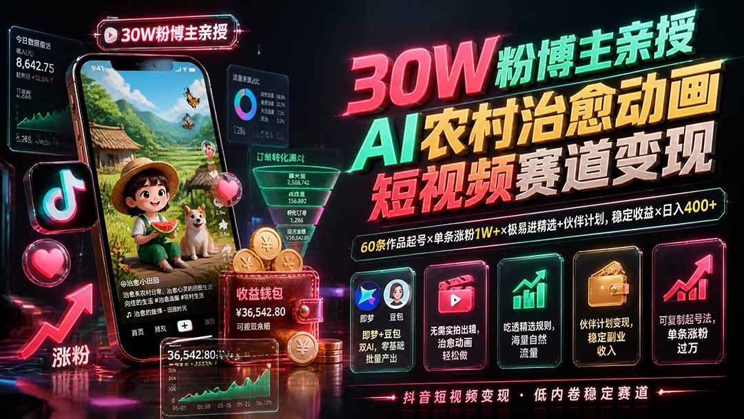 30W粉博主亲授AI农村治愈动画短视频赛道变现：60条作品起号×单条涨粉1W+×极易进精选+伙伴计划，稳定收益×日入400+-heixxmi