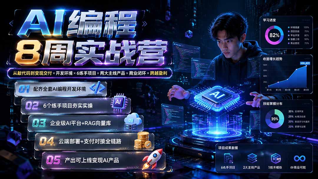 AI编程8周实战营：从敲代码到变现交付×开发环境×6练手项目×两大主线产品×商业闭环×跨越盈利-heixxmi