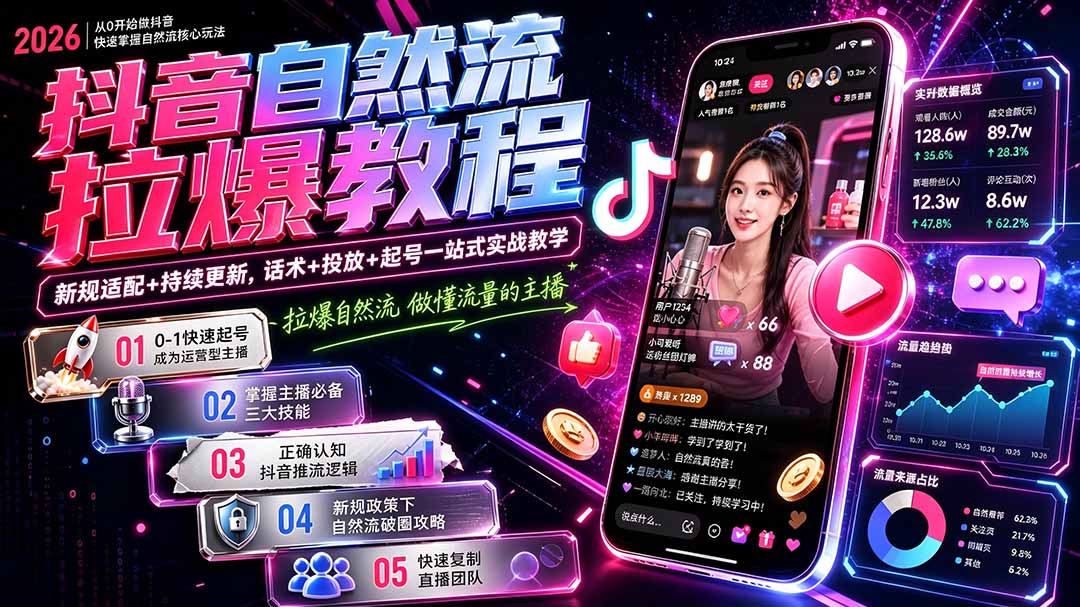 抖音自然流拉爆教程-更新7月：做懂流量的主播，新规适配+持续更新，话术+投放+起号一站式实战教学-heixxmi