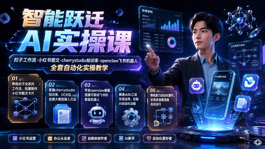 智能跃迁 AI实操课｜扣子工作流小红书图文搭建，cherrystudio知识库openclaw飞书机器人全套自动化实操教学-heixxmi